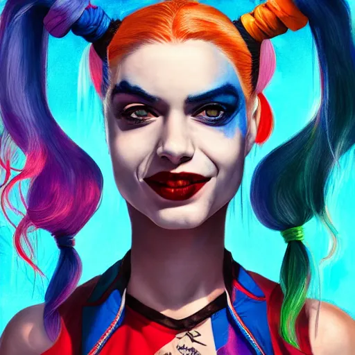 Prompt: Harley Quinn but she's a beautiful young ape with long pony tails on either side of her head, illustration, comic, by James Jean, artgerm, octane render, by John Coltrane and Marc Simonetti, Manic, graffiti, kinemacolor, colorful, high detail of the face, full body