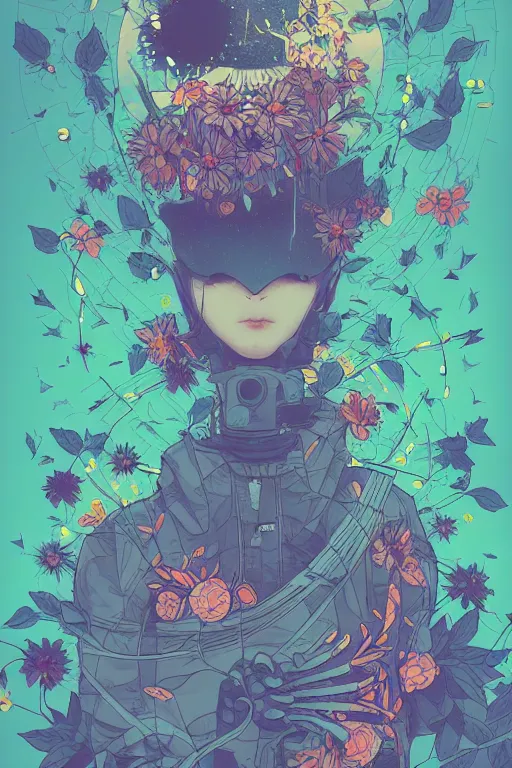 Image similar to night sky full of flowers, cyberpunk art, floating detailes, leaves by miyazaki, colorful palette illustration, kenneth blom, mental alchemy, james jean, pablo amaringo, naudline pierre, contemporary art, hyper detailed