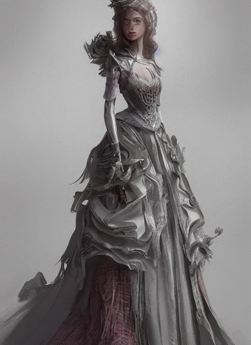 Image similar to detailed full body concept art illustration of a princess in fine clothing, ultra detailed, digital art, painterly, octane render, dystopian, micro detail, unreal engine, 4k