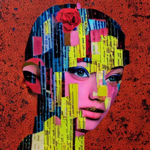 Image similar to a portrait of a young beauty constructed from collage, stickers, drop shadow, layered composition, layers, texture, mcu, highly textured, layered, sculpted, dynamic, splatter, splash, acrylic, mixed media