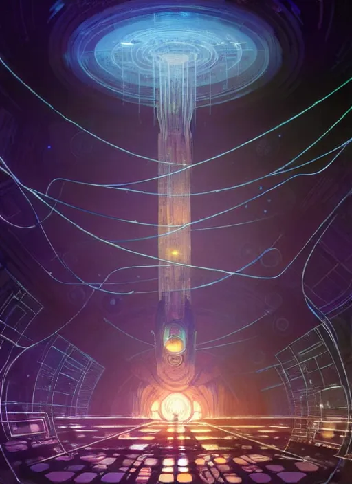 Prompt: high depth, collective civilization universal, calm, healing, resting, life, hybrids, scifi, glowing lights!!, published concept art, mixed medias, image overlays, sharp focus, thin glowing wires, winning illustration, art by greg rutkowski and alphonse mucha, singularity!!!, 3 6 0 projection