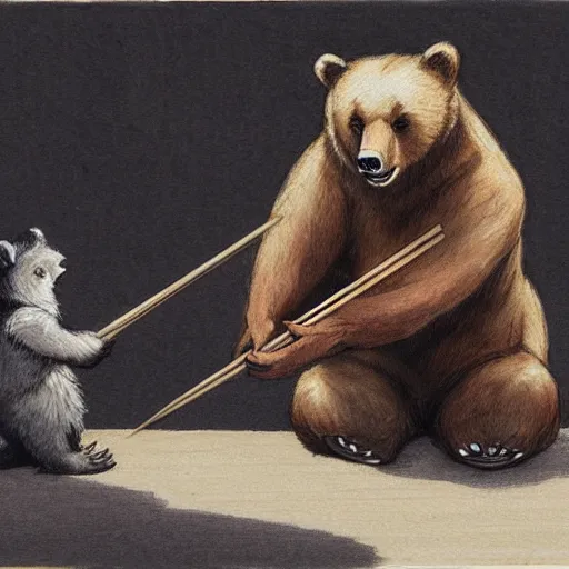 Image similar to bear eating sushi with chopsticks, a detailed matte painting by anton pieck, deviantart contest winner, fantasy art, concept art, official art, matte drawing