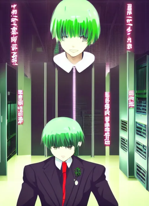 Image similar to shiki eiki, bobbed and bowl cut hair, green hair color, standing in a server room, wearing business casual dress, 4 k, vaporwave, cinecolor, bladerunner style