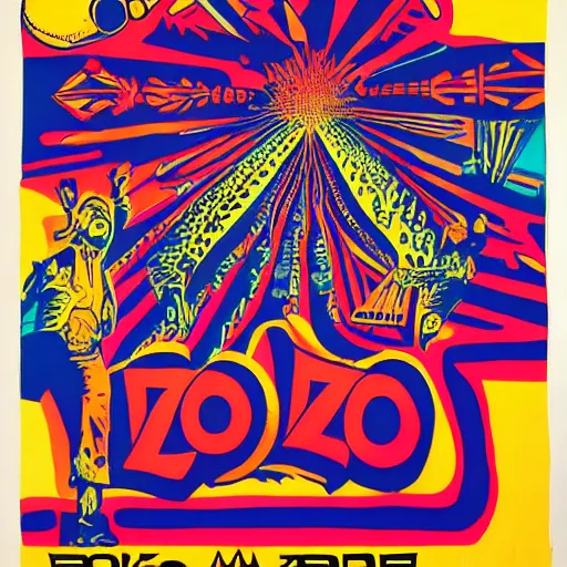 Image similar to Fillmore concert poster for The Bozone April 20, 1969 by Victor Moscoso and S. Clay Wilson, psychedelic, day-glo colors, flowing lettering