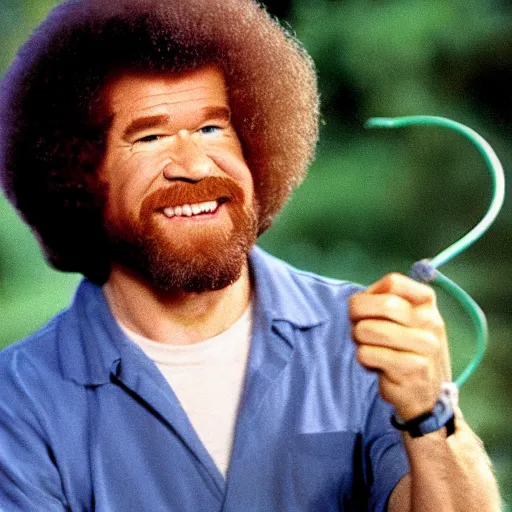 Prompt: Bob Ross showing off his nunchuck skills, action photography