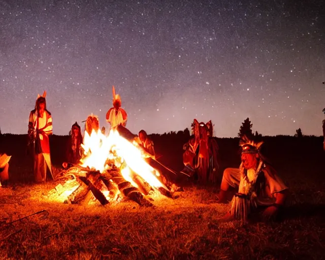 Prompt: native american indian pow wow at campfire under cosmic sky, epic hyper realistic award winning photographic still