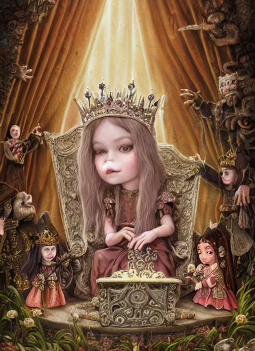 Image similar to highly detailed closeup portrait of a goth fairytale medieval princess wearing a crown and sitting on a throne, surrounded by cute medieval goblins, unreal engine, nicoletta ceccoli, mark ryden, earl norem, lostfish, global illumination, god rays, detailed and intricate environment