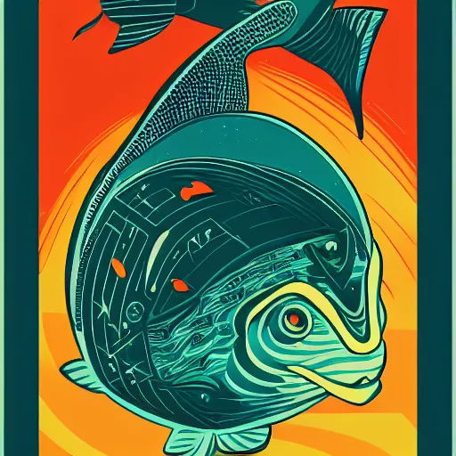 Image similar to one stylized fish in center of view, viewed in profile, dark ocean, complex patterns, artstation, intricate, realistic, highly detailed, digital painting, concept art, sharp focus, illustration by tom whalen and charles williams and kilian eng and james jean