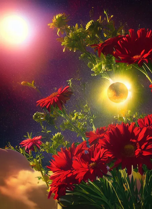 Image similar to An epic fantastic realism comic book style painting of the most beautiful flowers launched into space, bouquets, solar eclipse, fisheye, unreal 5, DAZ, hyperrealistic, octane render, dynamic lighting