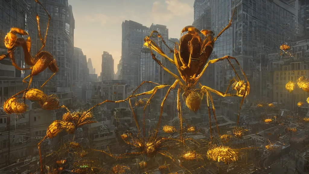 Image similar to giant spiders attacking the city, realistic, arachnophobia, unreal engine 5, global illumination, detailed environment, bright colours, cinematic, atmosphere, 4 k