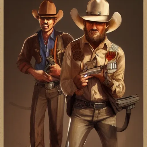 Image similar to a man in a cowboy outfit holding two guns, concept art by Tony DiTerlizzi, cgsociety, american realism, xbox 360 graphics, prerendered graphics, concept art