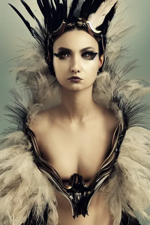 Image similar to a close up matte portrait of an attractive stern fierce 25yo female goddess of nuclear explosions wearing a divine costume with a modular grand headpiece. matte painting portrait by Alessio Albi, Ross Tran, and WLOP, her outfit is made of leather and feathers and was designed by Yoshitaka Amano in the style of an explosion. headshot. trending on artstation, quirky composition, volumetric light, in the style of a 1970s sci fi book cover