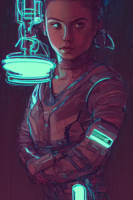 Prompt: portrait of a girl with a biomechanic scale fish and neon light by Laurie Greasley and Greg Rutkowski , digital painting, highly detailed, trending on artstation