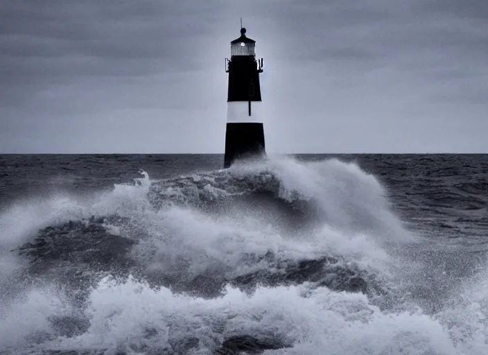 Image similar to lighthouse in a storm. lonely, churning waves, splashing on lighthouse. warm lighting