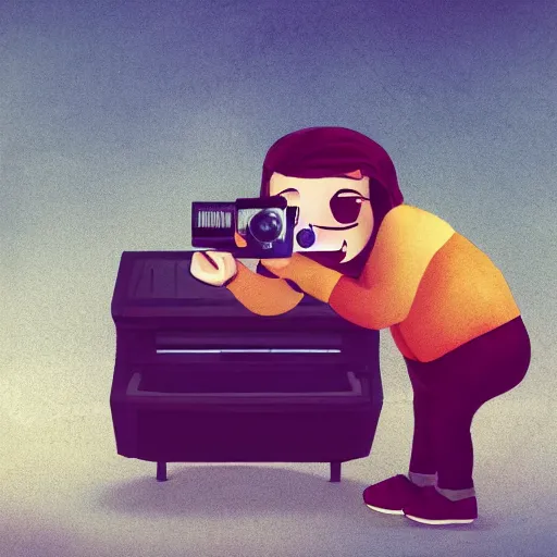 Image similar to cute cartoon character, curled perspective, digital art, baby girl, smiling beard grandpa taking photo, old photo camera, anton fadeev