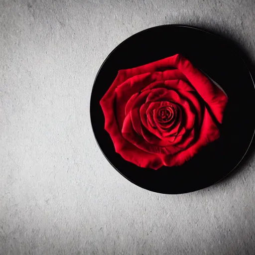 Prompt: red roses, laying on a vinyl record, dark photo, faded, noir