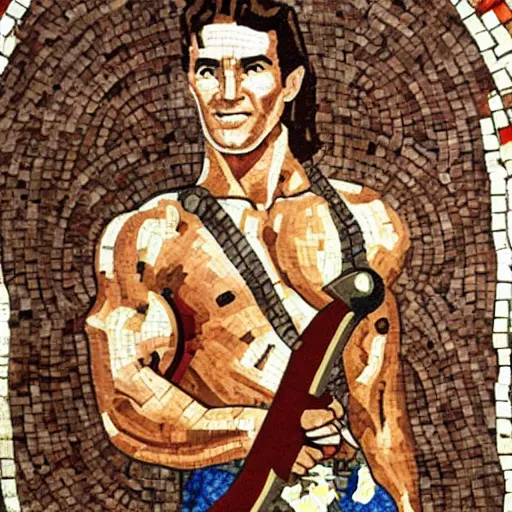 Image similar to ancient greek mosaic of young arnold schwarzenegger holding a big zelda sword