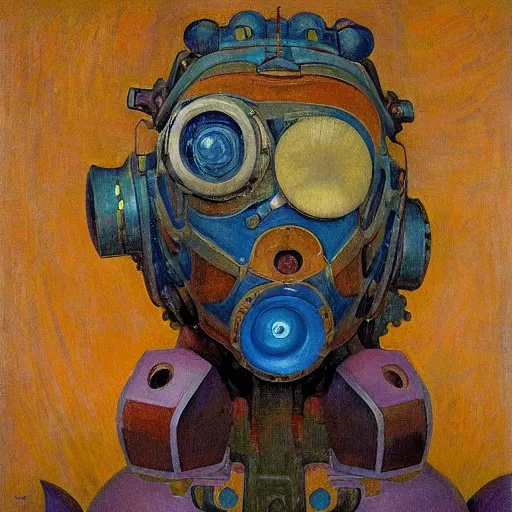 Prompt: painting of the mechanical robot in a floral mask, by annie swynnerton and diego rivera and nicholas roerich and jean delville, symbolist, dramatic lighting, elaborate geometric ornament, art brut, soft cool colors, smooth, sharp focus, extremely detailed, adolf wolfli and donato giancola