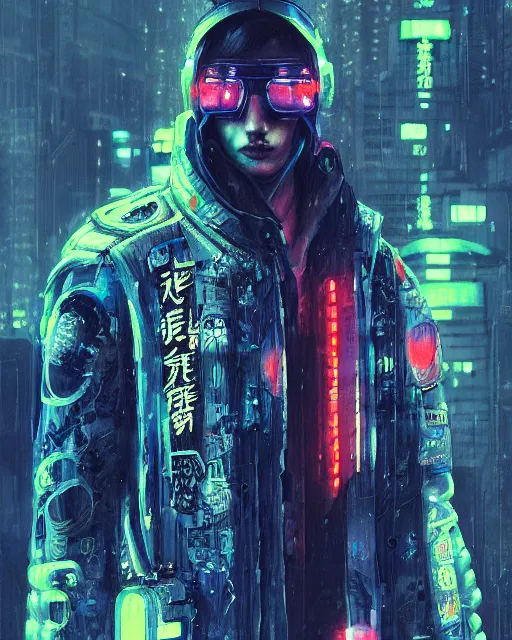 Prompt: detailed full body Blade Runner, cyberpunk futuristic neon, reflective coat, decorated with traditional Japanese ornaments by Ismail inceoglu dragan bibin hans thoma greg rutkowski Alexandros Pyromallis Nekro Rene Maritte Illustrated, fine details, realistic shaded, fine-face, pretty face