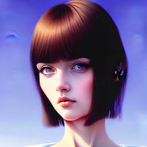 Prompt: close up a 😇 face female portrait, 25 years old in a scenic environment by Ilya Kuvshinov