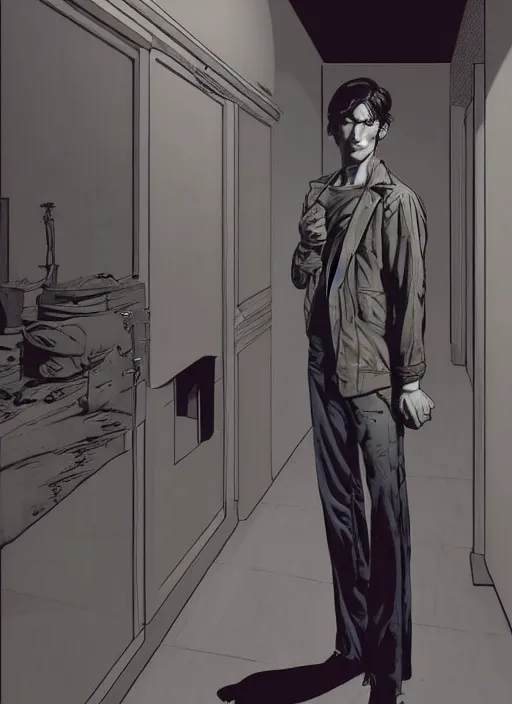 Prompt: aesthetic digital illustration of a solitary handsome young psycho standing in an empty white room by brian bolland, rachel birkett, alex ross, and neal adams | sinister, dangerous, character concept, concept art, unreal engine, finalrender, centered, deviantart, artgerm