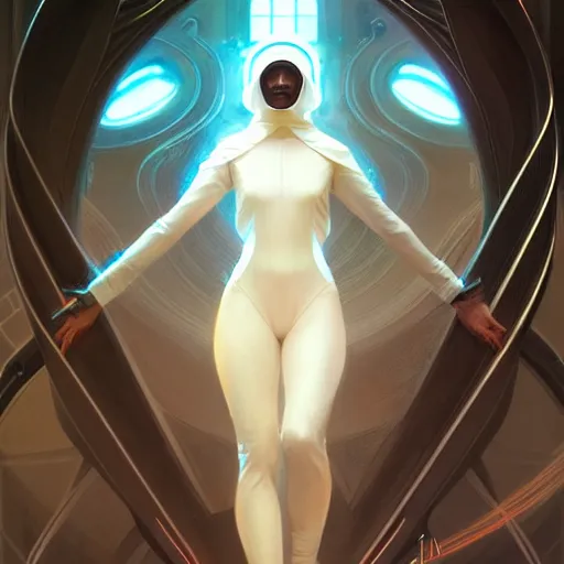 Prompt: futuristic nun, sci-fi, fantasy, intricate, elegant, highly detailed, digital painting, artstation, concept art, smooth, sharp focus, illustration, art by artgerm and greg rutkowski and alphonse mucha