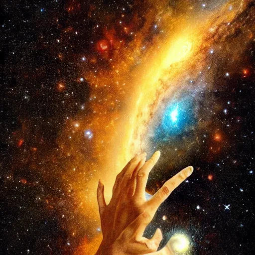 Image similar to hands of the universe crafting the milky way, cosmic art, sci fi, nebula, solar system