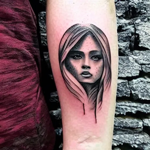 Image similar to a tattoo design of a beautiful girl faded in a mountain scene, in the style of den yakovlev, hyper - realistic, amazing detail