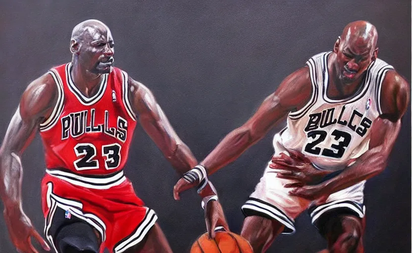 Prompt: beautiful painting of Michael Jordan playing basketball, NBA Finals, oil painting, masterpiece, highly detailed and ultra realistic, trending on artstation