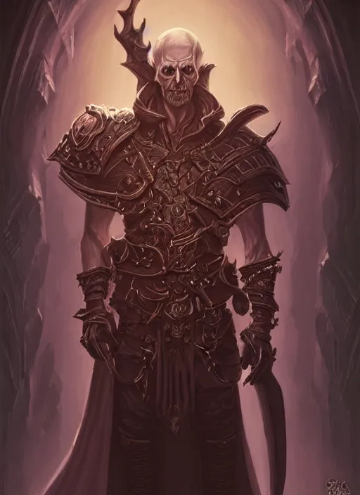 Image similar to portrait of an old male necromancer as a diablo 3 character, looking at camera, D&D, undead magic, long black hair, intricate, elegant, stylish, cute smile, fantasy, extremely detailed, digital painting, artstation, concept art, smooth, sharp focus, illustration, ambient lighting, art by artgerm and greg rutkowski and alphonse mucha and simon stalenhag