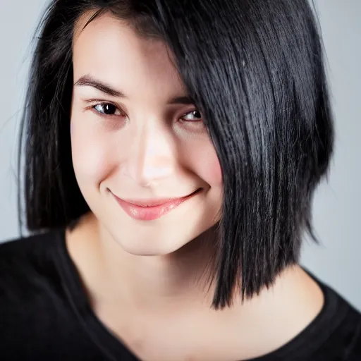 Image similar to young woman with shoulder - length messy black hair, slightly smiling, 1 3 5 mm nikon portrait