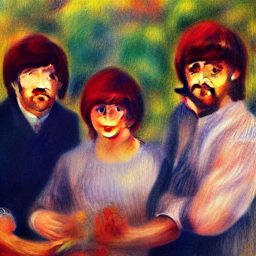 Image similar to Painting of The Beatles, in the style of Renoir, impressionism, oil on canvas