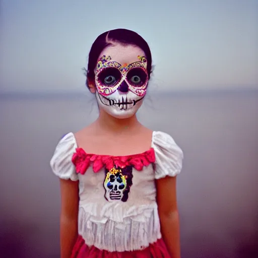 Prompt: detailed and realistic portrait photography of a cute Día de los Muertos girl at dusk by Annie Leibovitz, Agfa Vista 800 film, Leica M9