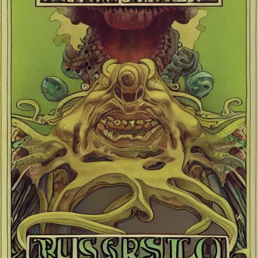 Image similar to surreal cronenberg mutation slime monster, rutkowski, mucha