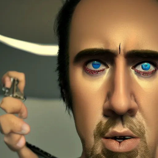 Image similar to Nicolas Cage is cutting a clockwork orange, artstation, epic lighting, octane render, ultra high resolution, 8k, hyper realistic,