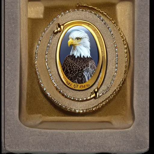 Image similar to a bald eagle, wearing a gold chain with a diamond pendant