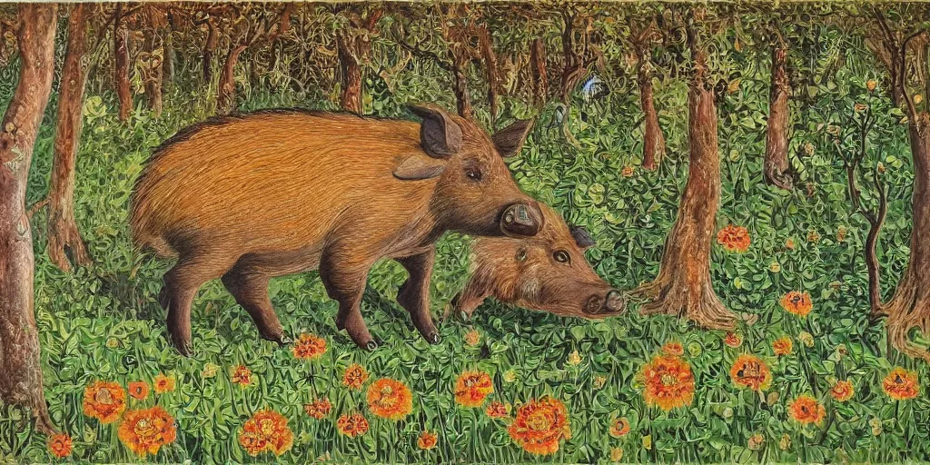 Image similar to Painting of a wild boar in the forest in style of Louis Wain