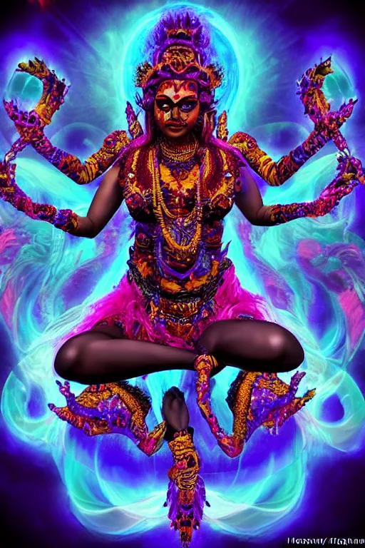 Prompt: overdetailed hyper-maximalist fullbody portrait of a beautiful female energy being reminds to kali with many arms, dancing and transcending to her true form while floating over a surreal landscape. Made by oozium, inspired by luminokaya, overworked by yuvrajimaginaria. 8k 3d realistic render. Bright, sacred, spiritual, dawn, backlit, calm, relaxed, dynamic, ethereal, arcane, intricate, mysterious, dramatic, cinematic. Seen from below. Slightly influenced by sacred geometry and fractal art on deviantart. Artstation. Vectron render