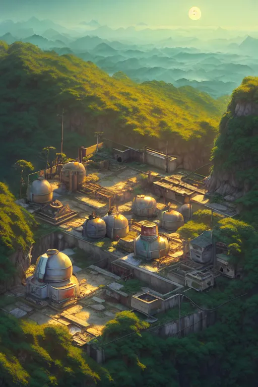 Prompt: a highly detailed matte painting of a post - apocalyptic hillside laboratory monastery aerial view, by studio ghibli, makoto shinkai, by artgerm, by wlop, by greg rutkowski, volumetric lighting, octane render, 4 k resolution, trending on artstation, masterpiece