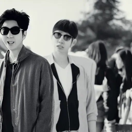 Prompt: portrait of a young korean man in sunglasses with actor david schwimmer standing behind him