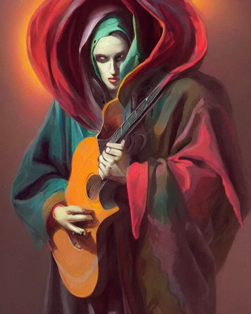 Image similar to colorful baroque portrait of a shadowy man wearing a hooded cloak, playing a guitar, gallery art by peter mohrbacher, artstation, artgate