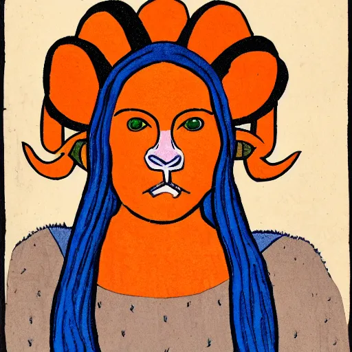 Prompt: illustrated portrait of ugly ram-horned woman with orange skin and blue hair