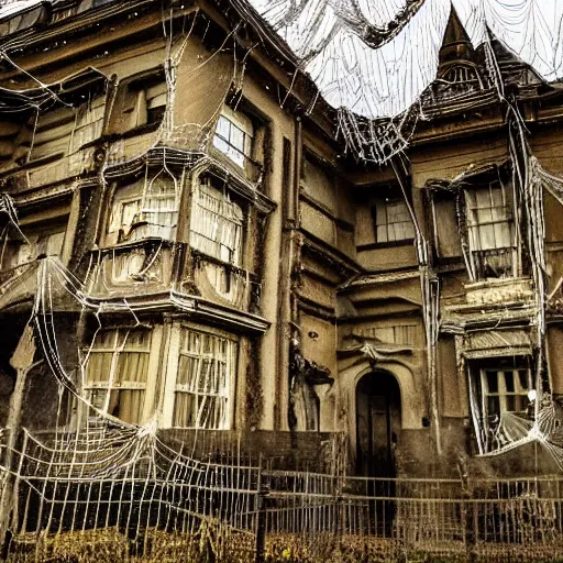 Prompt: a dark and corroding mansion at night covered in intricate spider webs, moonlit,