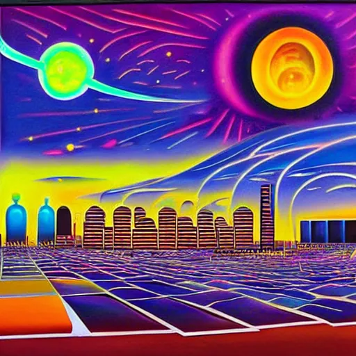 Prompt: solar punk city, modern architecture, city color scheme, geometry will draw the soul toward the truth and create the spirit of philosophy, galactic nebula, surrealist oil painting