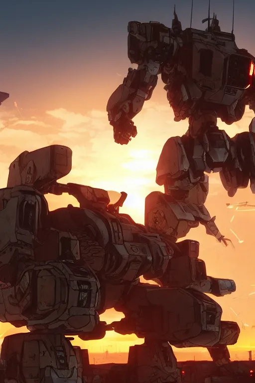 Image similar to A real photo of a Mechwarrior in battle stance, a sunset in the distance, by Josan Gonzalez, Yoji Shinkawa and Geof Darrow, highly detailed, Unreal Engine Render, lots of neon lights on the robot, 3D, 8k wallpaper, uplight