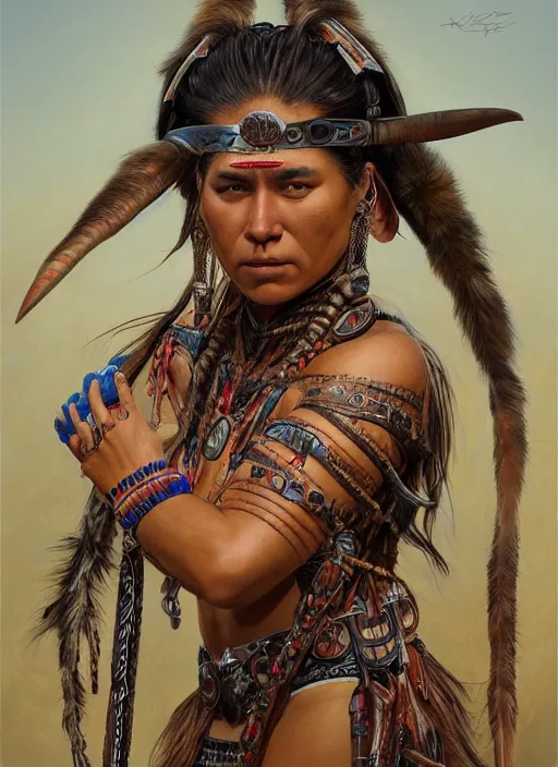 Prompt: portrait of a comanche warrior woman, intricate, highly detailed, centered, digital painting, artstation, concept art, smooth, sharp focus, illustration, artgerm, donato giancola, Joseph Christian Leyendecker, Les Edwards, Ed Repka, WLOP, Artgerm