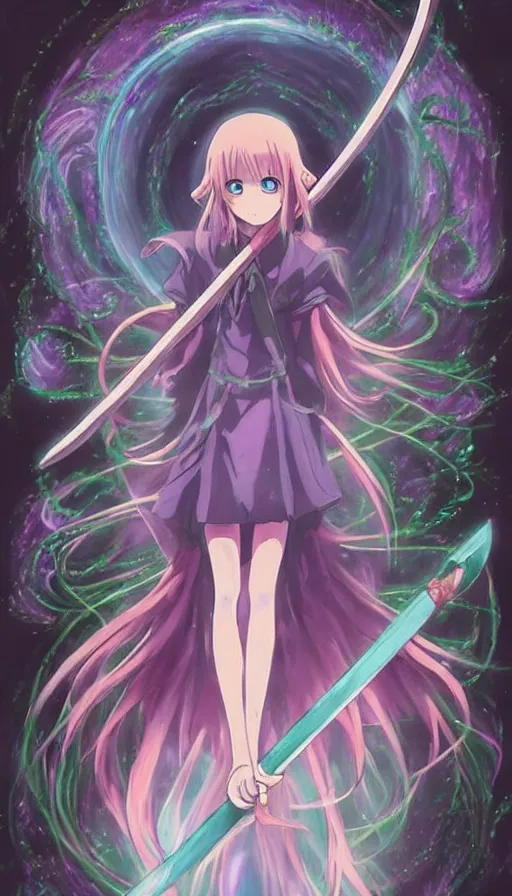 Prompt: a beautiful link drawing of the being death as a cute anime girl with a giant scythe from a studio ghibli film inspired by the death tarot card, dark vibes, pastel colors, cosmic, high quality