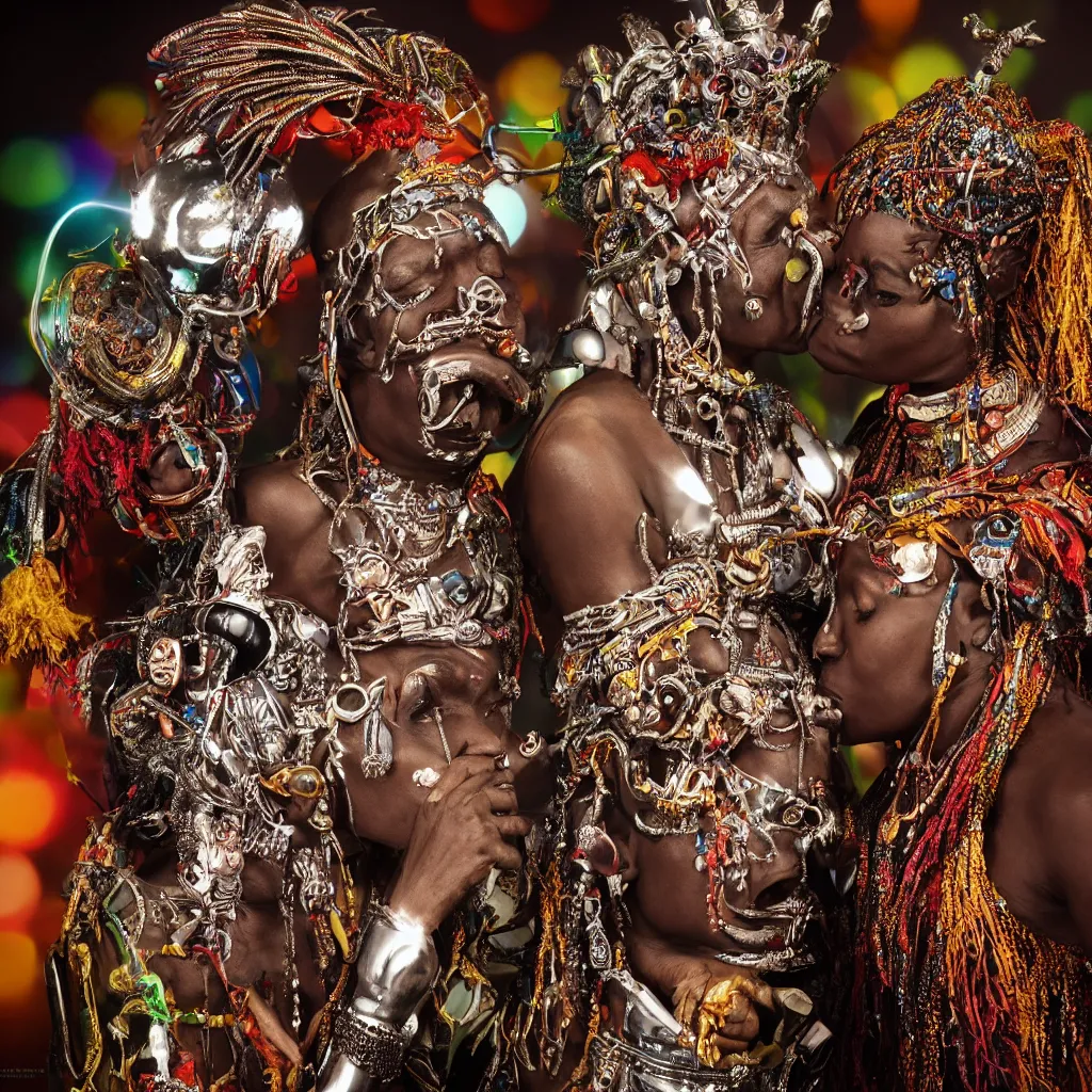 Prompt: a high-resolution color-chrome silverplate photo of a hyper realistic African voodoo priest, kissing a incredible elegant alien rococo Queen with ornate jewelled, sci-fi, high-tech, beautiful low light, style Steve McCurry Octane render 8k