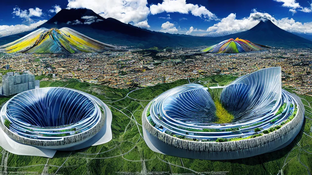 Image similar to Nuclear; Mountain, Nature, City; Harmony; Quito, Ecuador; by Oswaldo Moncayo and Vincent Callebaut; Art Direction by James Cameron;