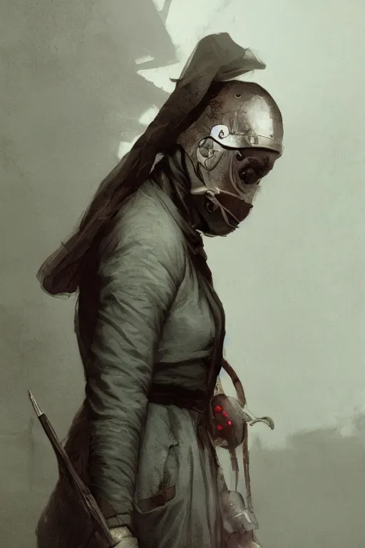 Image similar to The killer Nurse with the iron mask, horror, illustrated by Greg Rutkowski and Caspar David Friedrich., Trending on artstation, artstationHD, artstationHQ, 4k, 8k